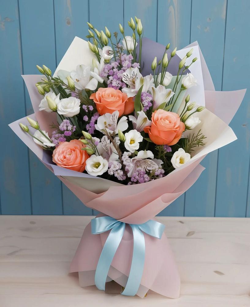 Букет цветов из: Лизиантусы, Розы, Альстромерии и Гипсофила в Хороле