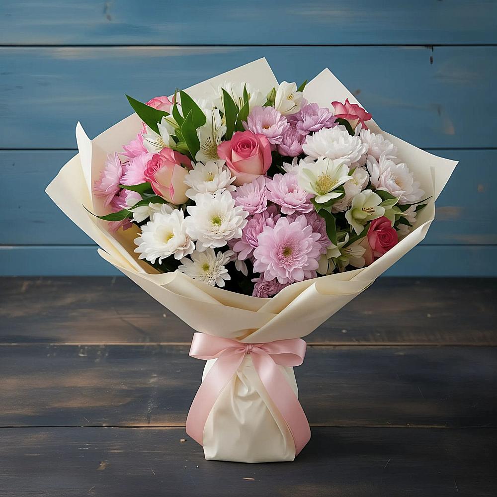 Букет цветов из: Хризантемы, Альстромерии и Розы в Хороле